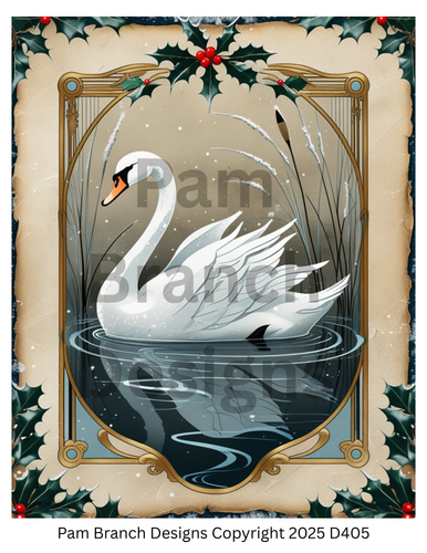 Rice Paper for Decoupage, Art Nouveau Swan with Holly Wreath, Elegant Yuletide Lake Scene, Art and Craft Supply, D405