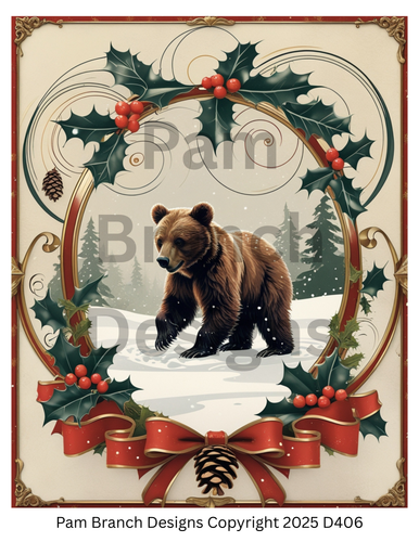 Rice Paper for Decoupage, Christmas Bear in Holly Ribbon Frame, Cozy Winter Forest D406