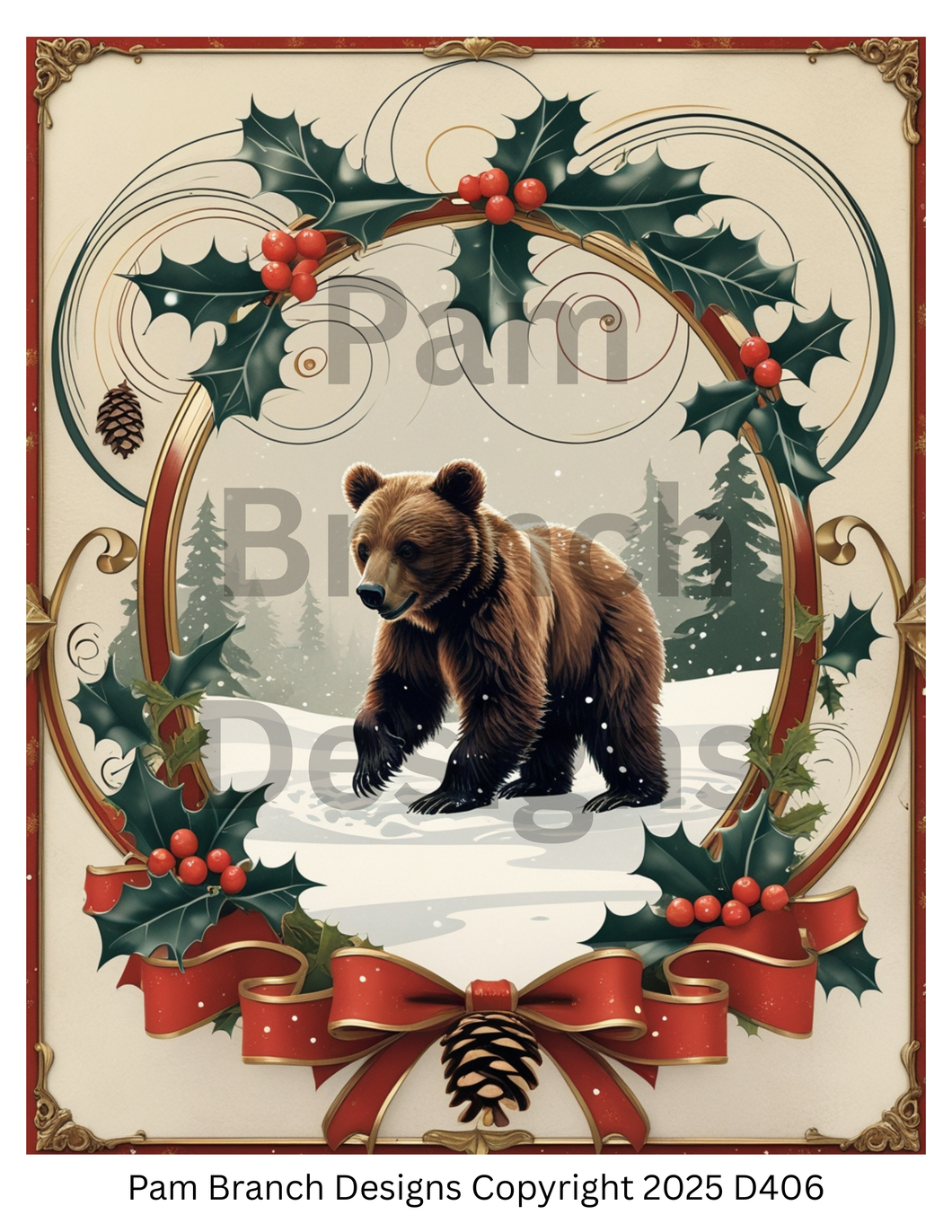 Rice Paper for Decoupage, Christmas Bear in Holly Ribbon Frame, Cozy Winter Forest D406