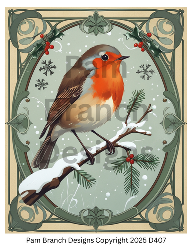Christmas Rice Paper for Decoupage, Art Nouveau Robin on Snowy Branch — Merry Holly Accents — 8x10 — D407