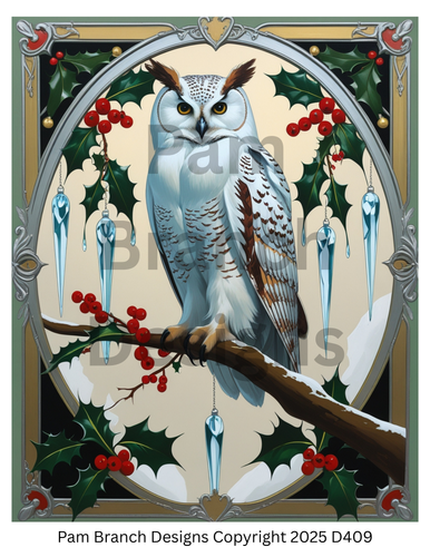 Rice Paper for Decoupage, Snowy Owl with Icicles & Holly — Enchanted Winter Night — 8x10 — D409