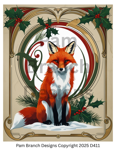 Rice Paper for Decoupage, Red Fox in Holly Scrollwork — Vintage Christmas Woodland — 8x10 — D411