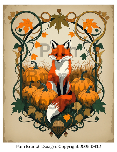 Rice Paper for Decoupage, Autumn Fox with Pumpkins & Leaves — Fall Harvest Season Charm — 8x10 — D412