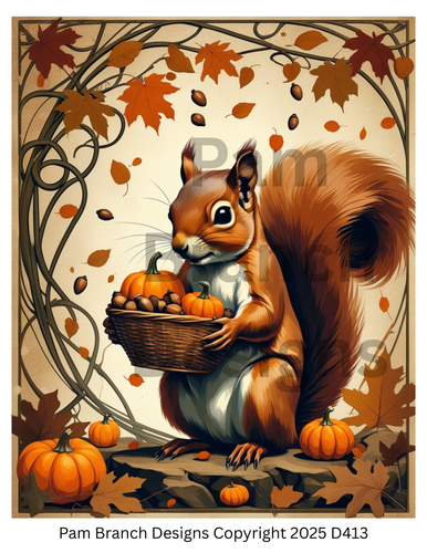 Rice Paper for Decoupage, Squirrel with Pumpkins & Acorns — Autumn Harvest, Fall Craft Supply — 8x10 — D413
