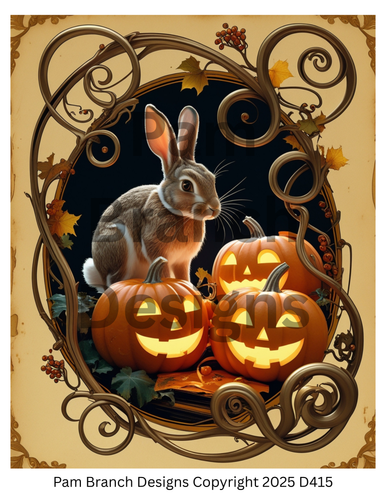 Rice Paper for Decoupage, Bunny with Jack‑O’‑Lanterns — Sweet Fall & Whimsical Halloween — 8x10 — D415