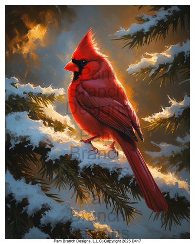 Rice paper for decoupage, Cardinal on snowy evergreen at golden light, Christmas and Winter Craft Supply — D417