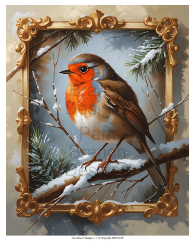 Rice paper for decoupage, Robin in ornate frame with winter greenery — D418