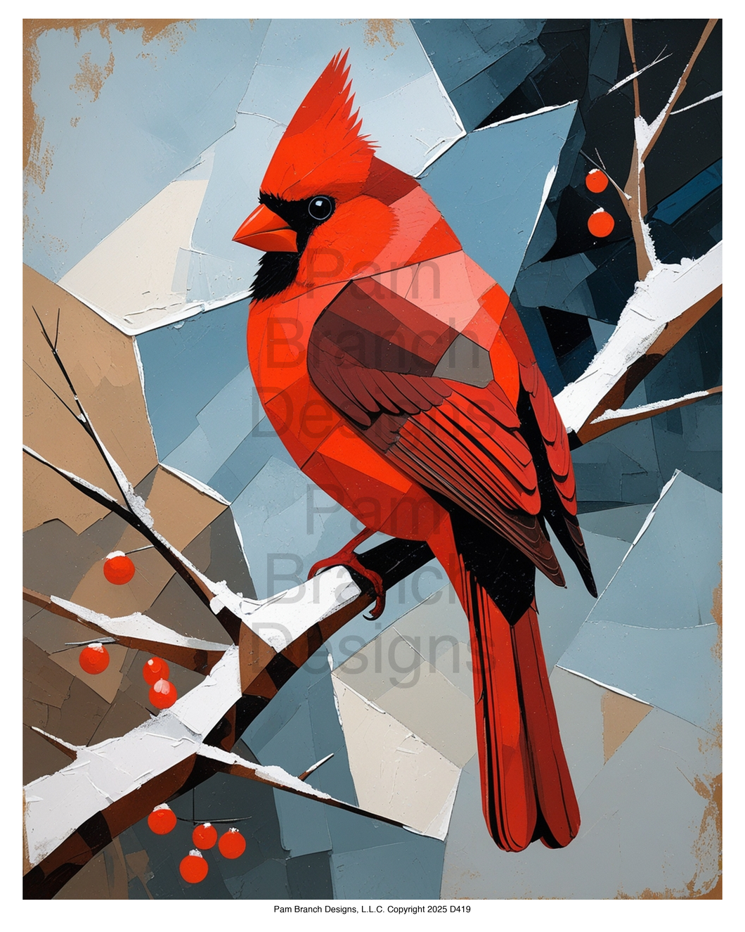 Christmas Rice paper for decoupage, Geometric cardinal with berries on snowy branches, Cubist Art Supply— D419