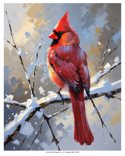 Rice paper for decoupage, Painterly cardinal on snow-covered branch, Christmas and Holiday Craft Supply — D420