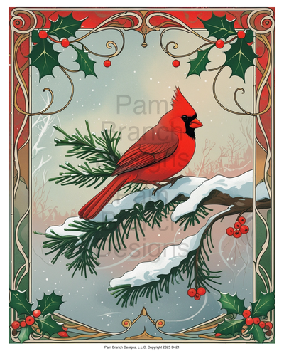 Rice paper for decoupage, Holiday Art Nouveau cardinal with holly frame, Christmas Craft Supply — D421