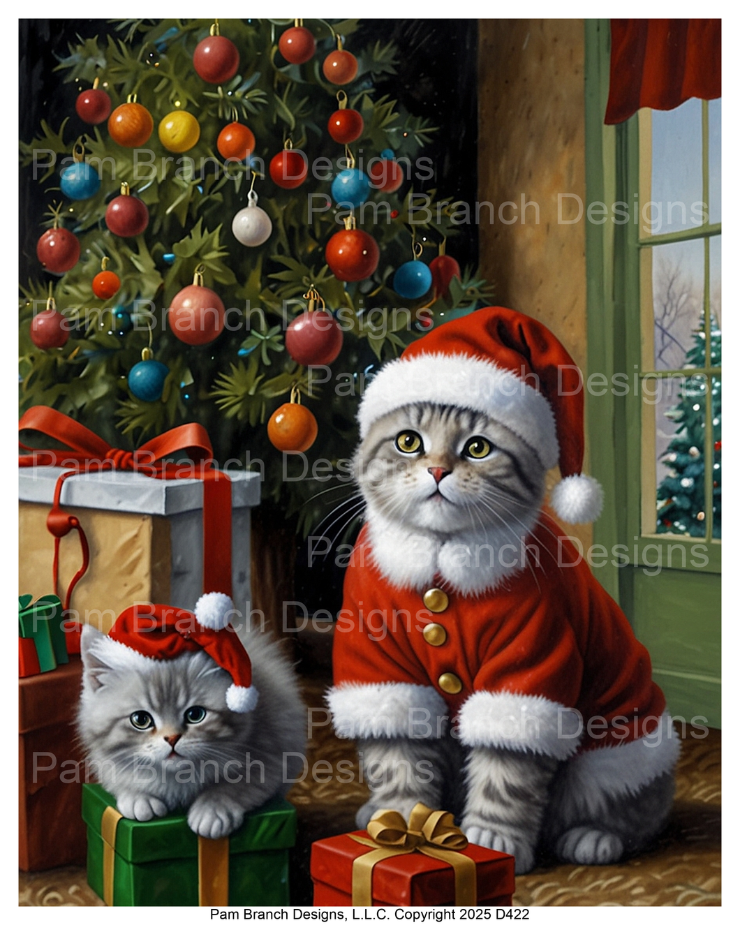 Rice Paper for Decoupage - Christmas Cats in Santa Suits by the Tree D422