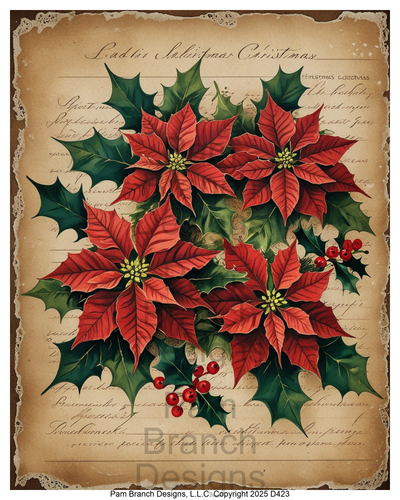 Rice Paper for Decoupage - Vintage Poinsettias and Holly Christmas Script D423