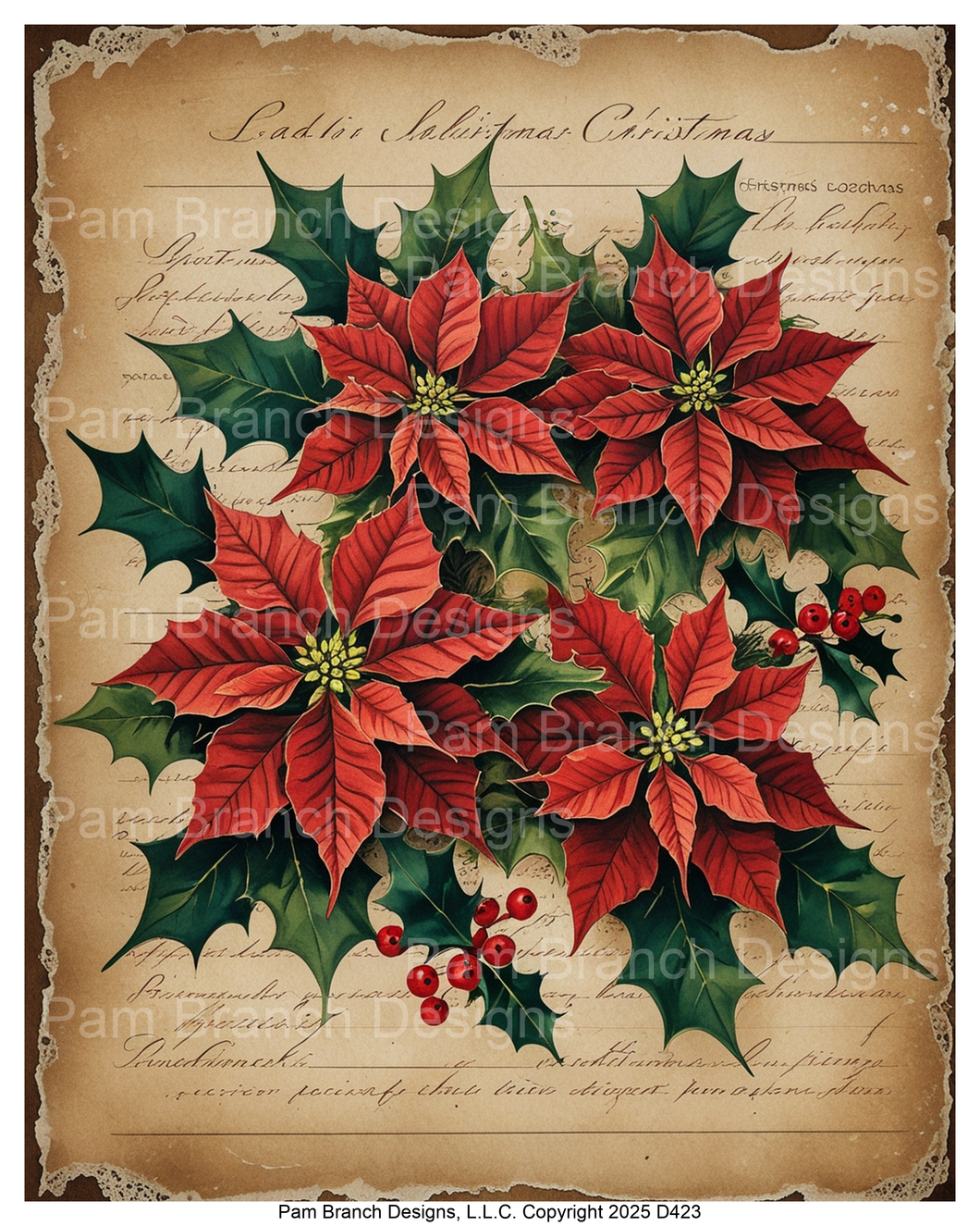 Rice Paper for Decoupage - Vintage Poinsettias and Holly Christmas Script D423