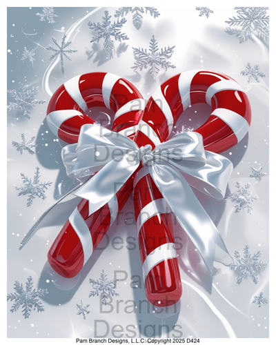Rice Paper for Decoupage - Christmas Candy Canes with Silver Ribbon and Snowflakes D424