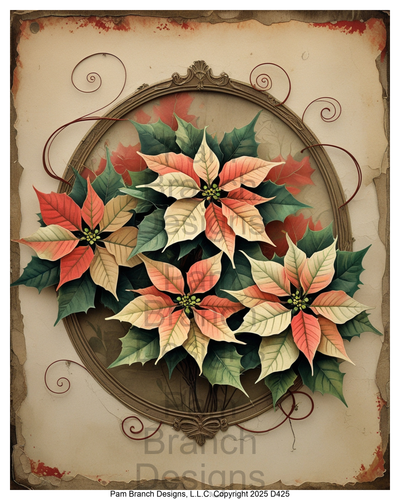 Rice Paper for Decoupage - Christmas Vintage Frame with Multicolor Poinsettias D425
