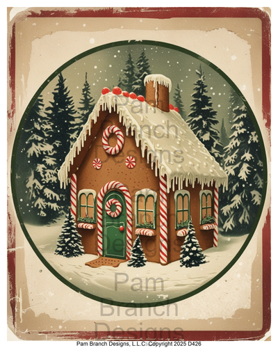 Rice Paper for Decoupage - Christmas Round Vintage Gingerbread House Holiday Scene D426