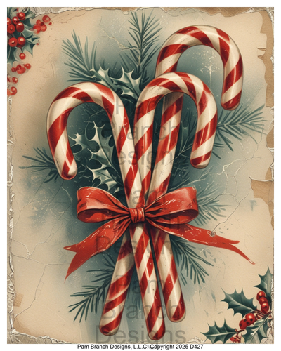 Rice Paper for Decoupage - Christmas Vintage Candy Canes with Red Ribbon D427