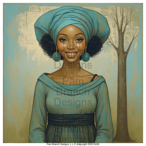 Rice paper for decoupage, Elegant portrait in teal headwrap, vintage painterly style — D429