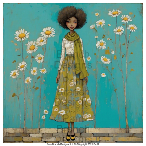 Rice paper for decoupage, Black Girl with daisies on turquoise, soft vintage illustration Arts and Crafts Supply— D432