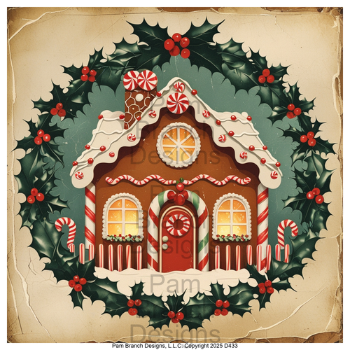 Rice paper for decoupage, Gingerbread house with holly wreath, vintage Christmas — D433