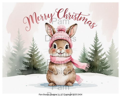 Christmas bunny in pink hat and scarf with trees — rice paper D434