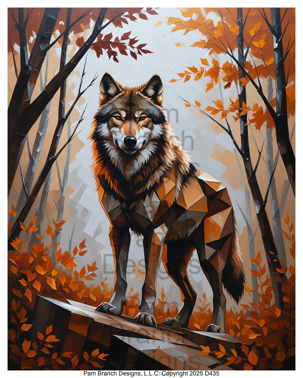 Rice paper for decoupage, Geometric wolf in autumn forest, woodland, bold faceted style, Cubist Art Suppy — D435