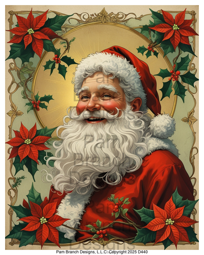 Rice Paper for Decoupage - Christmas Santa with Poinsettias and Holly D440