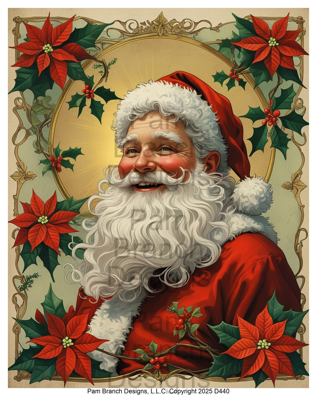 Rice Paper for Decoupage - Christmas Santa with Poinsettias and Holly D440