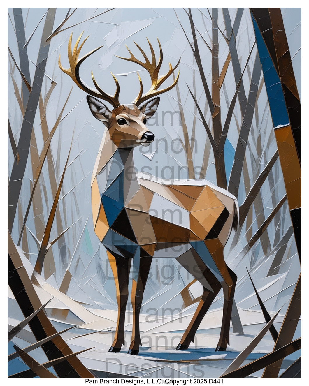 Rice Paper for Decoupage - Winter Woodland Deer Cubist, Geometric Style D441