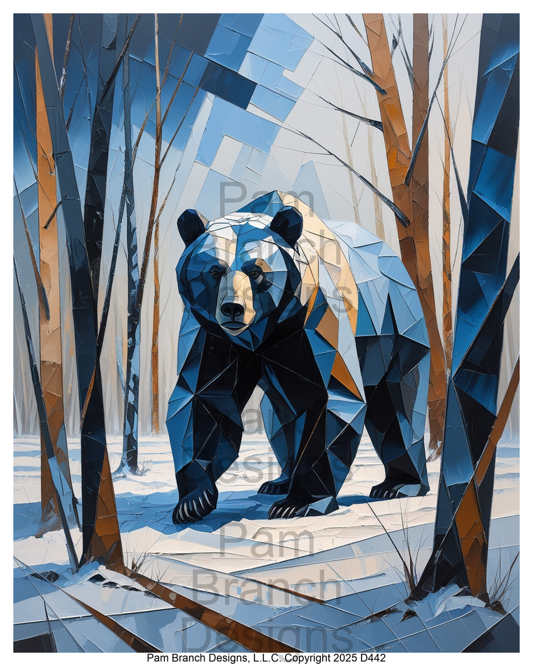 Rice Paper for Decoupage - Winter Woodland Bear Faceted Geometric Cubist style D442