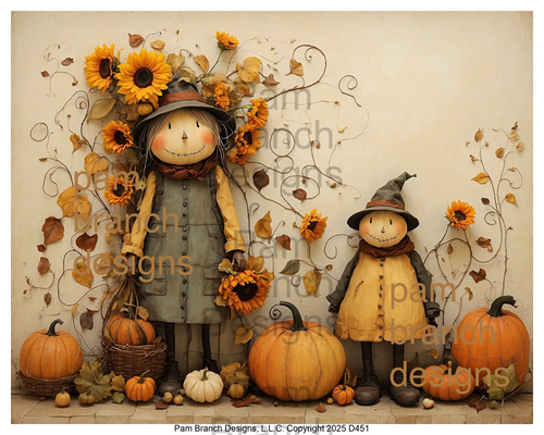 Rice Paper for Decoupage Fall Scarecrows with Sunflowers and Pumpkins — fall craft supply D451