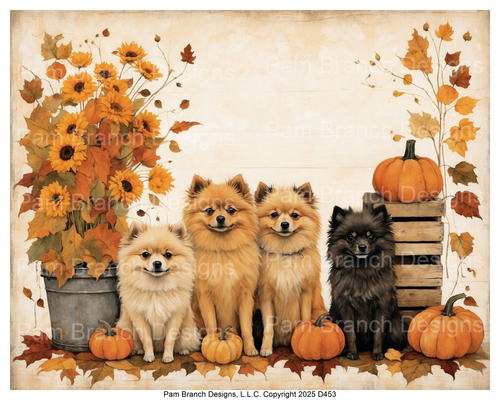 Rice Paper for Decoupage Fall Pomeranian Dogs with Pumpkins and Sunflowers — fall craft supply D453