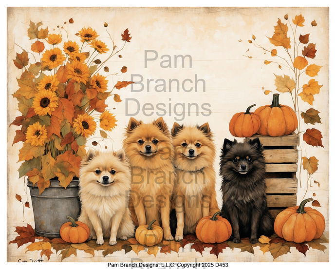 Rice Paper for Decoupage Fall Pomeranian Dogs with Pumpkins and Sunflowers — fall craft supply D453