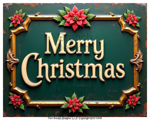 Vintage Merry Christmas sign with poinsettias — rice paper D458