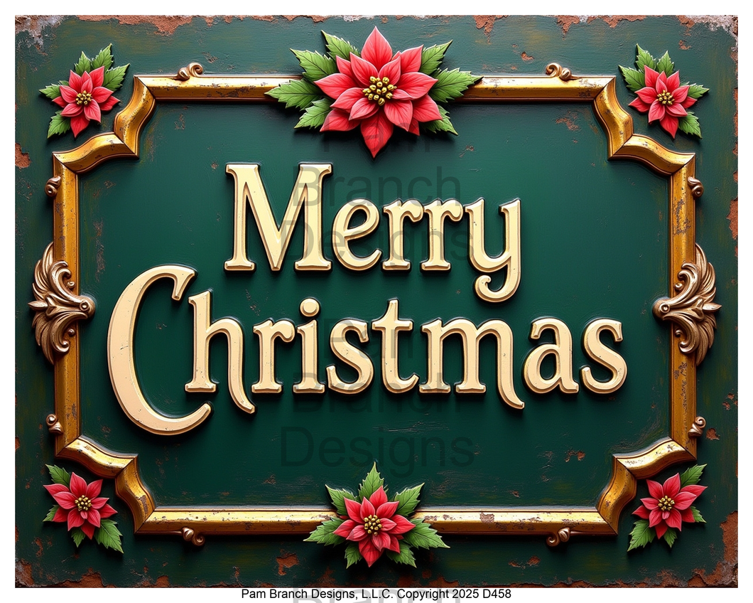 Vintage Merry Christmas sign with poinsettias — rice paper D458