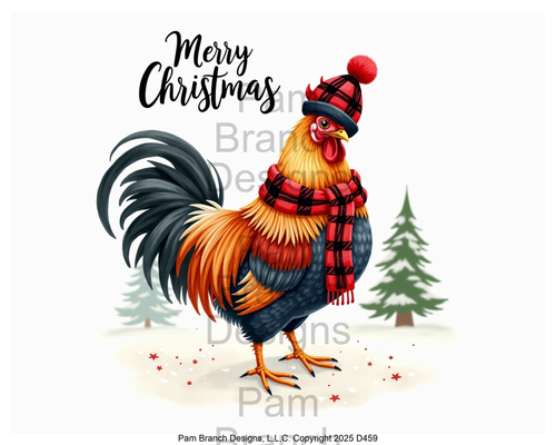 Rooster in red and black plaid scarf and hat — rice paper D459