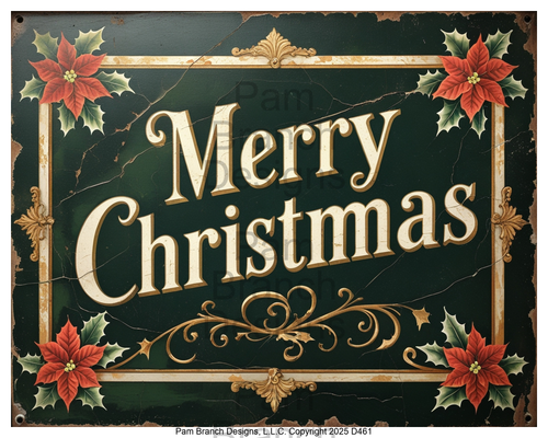 Vintage Merry Christmas sign, poinsettia corners — rice paper D461