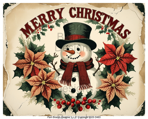 Vintage snowman with poinsettia wreath — rice paper D463