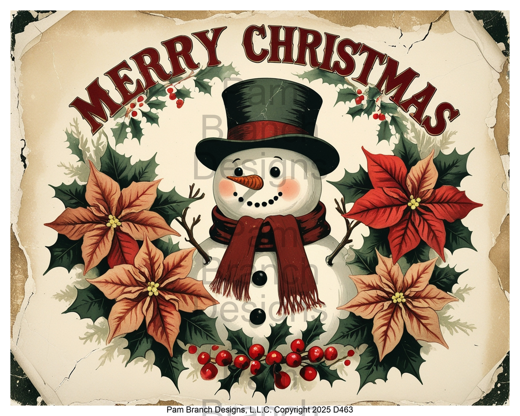 Vintage snowman with poinsettia wreath — rice paper D463