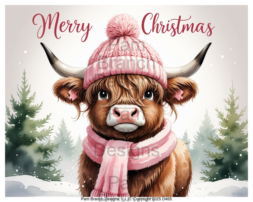 Highland cow in pink hat and scarf — rice paper D465