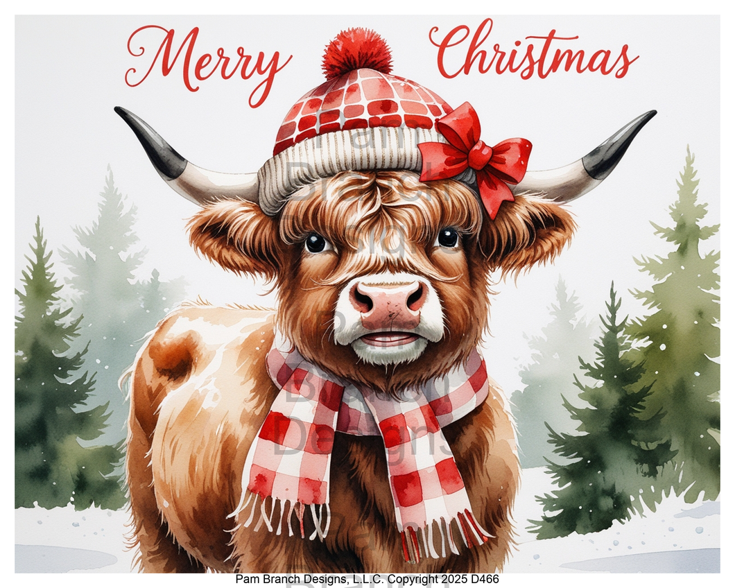 Highland cow in red plaid hat and scarf with bow — rice paper D466