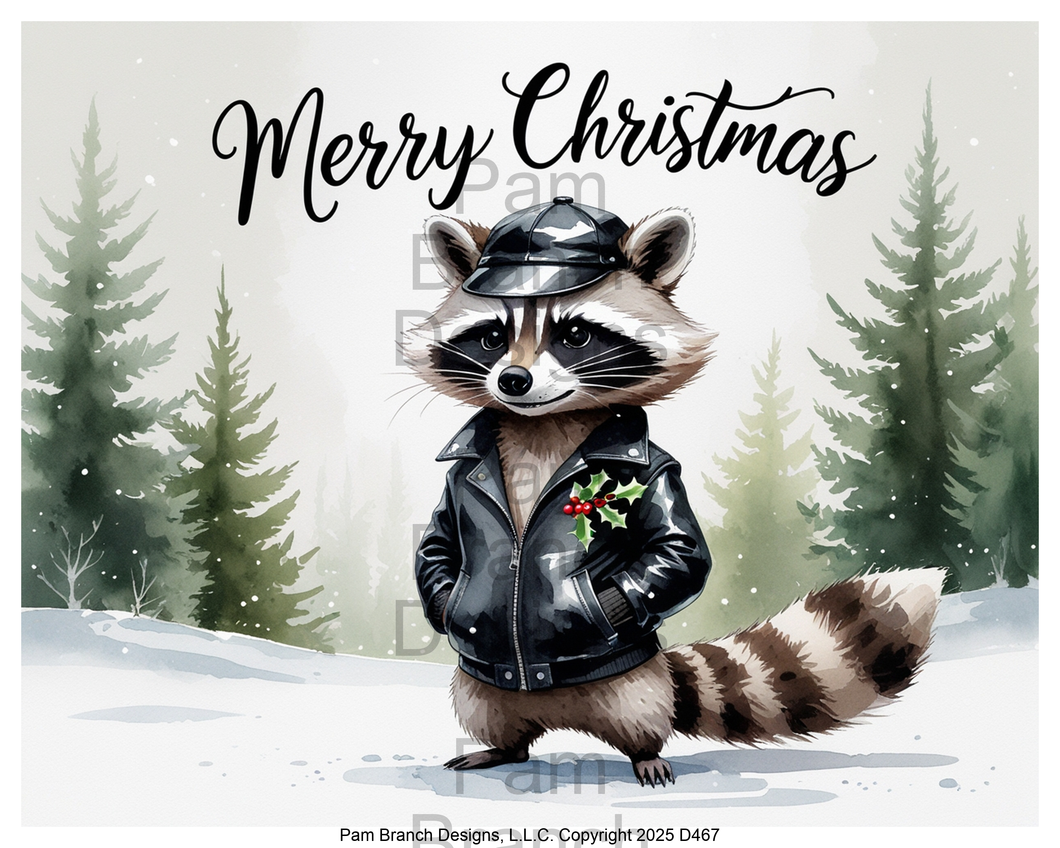 Raccoon in leather jacket with holly — rice paper D467