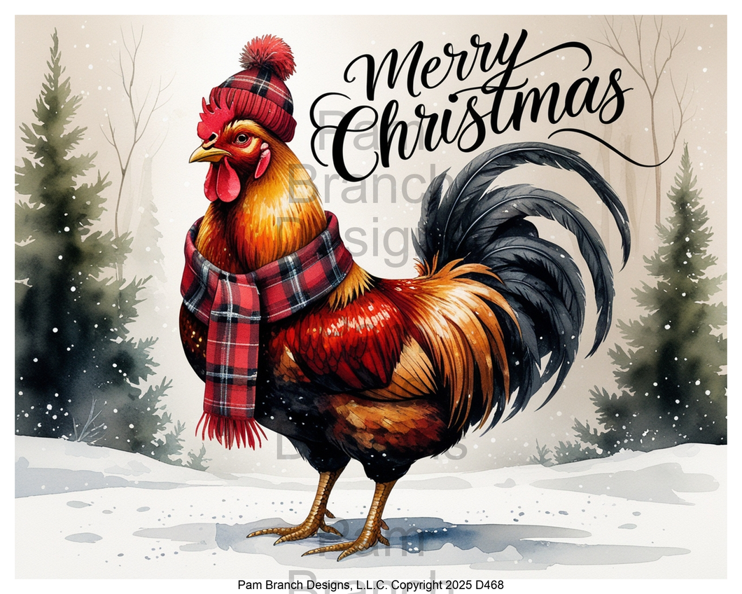 Rooster in red plaid scarf and hat — rice paper D468