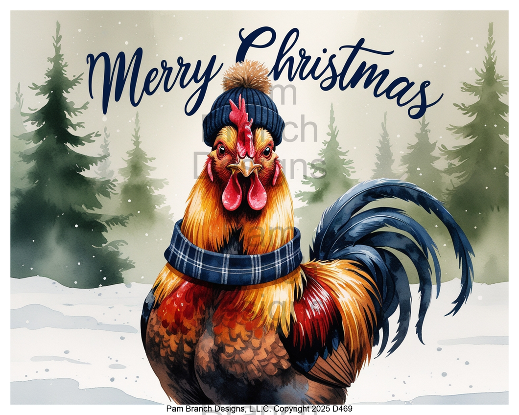 Rooster in blue plaid scarf and hat — rice paper D469