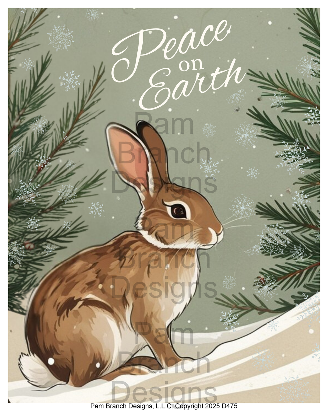 D475 — rabbit and snow, Peace on Earth, Christmas craft supply