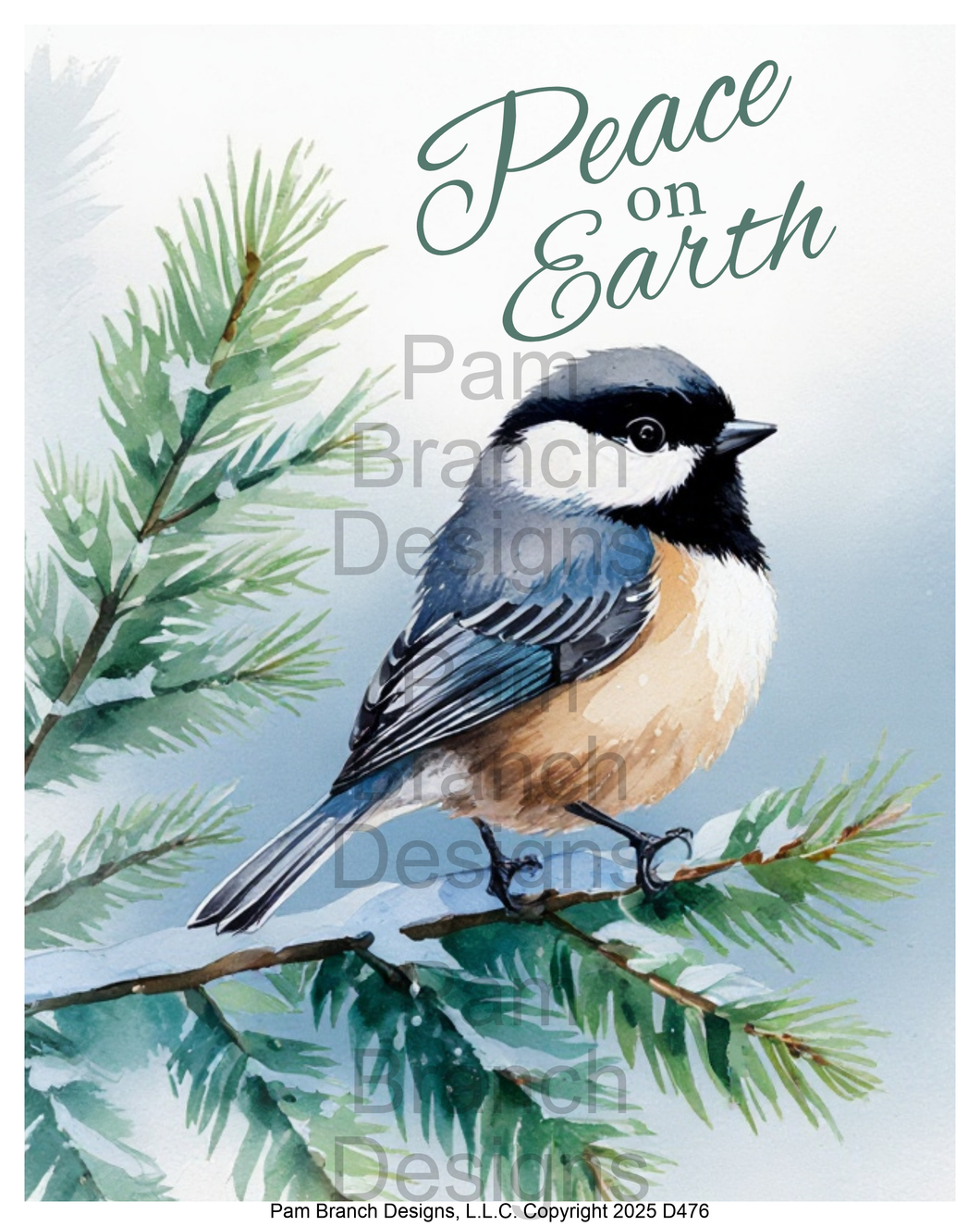 D476 — chickadee on evergreen, Peace on Earth, Christmas craft supply