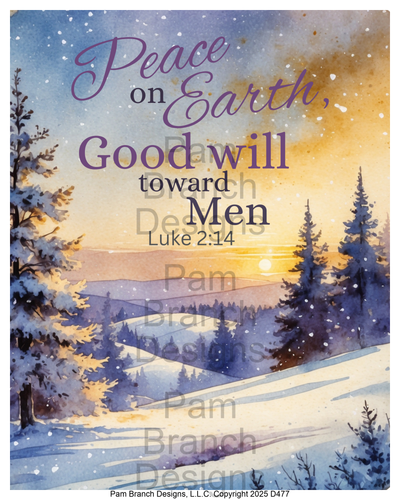 D477 — winter hills at sunset, Bible verse Luke 2:14, Christmas craft supply