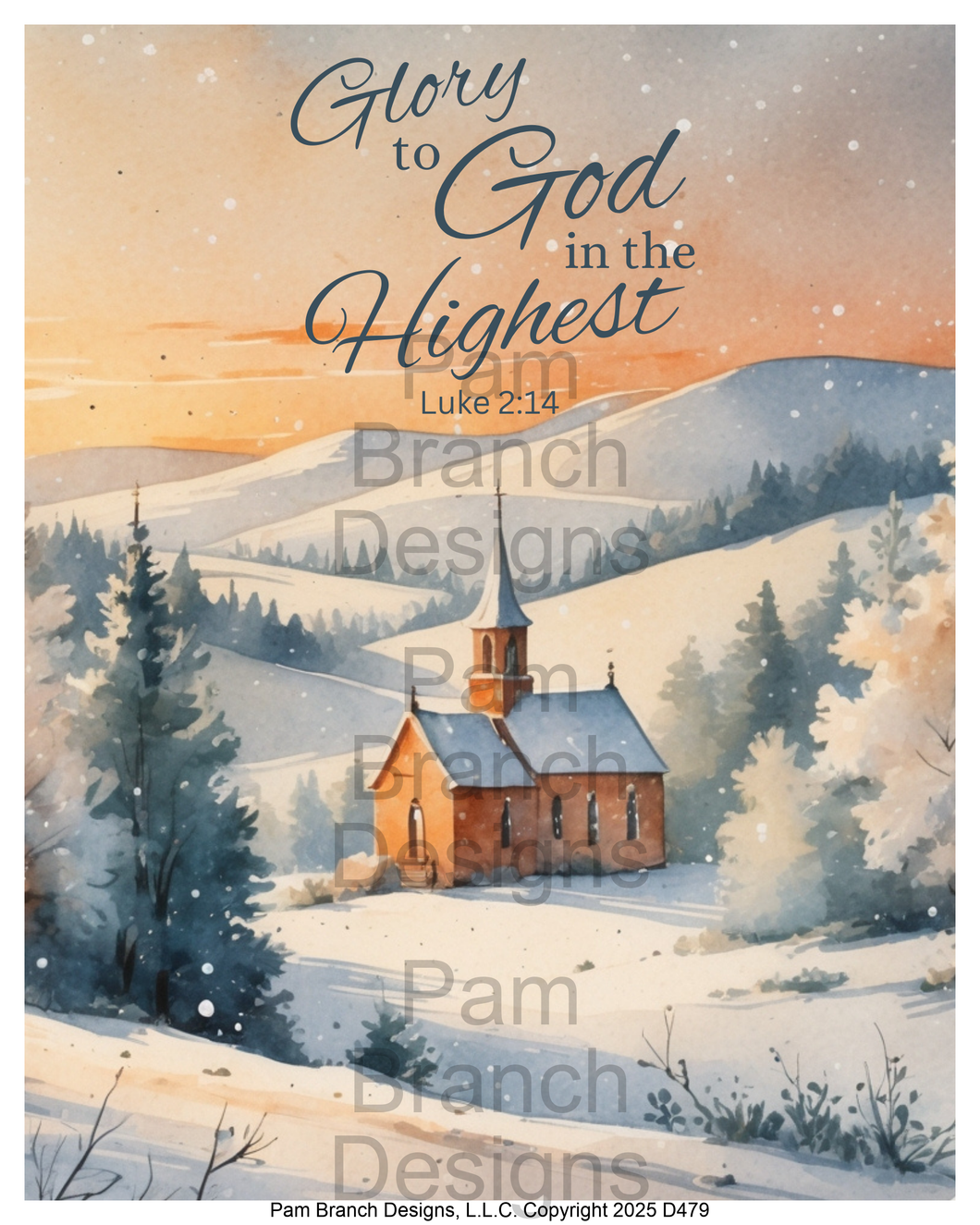 Rice paper for decoupage, snowy country church, Bible verse Luke 2:14, Christmas craft supply, D479