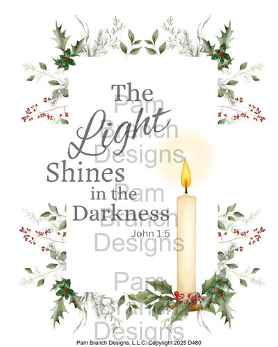 D480 — candle and holly, Bible verse John 1:5, Christmas craft supply