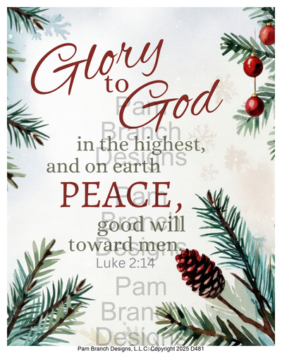 D481 — pine and berries, Bible verse Luke 2:14, Christmas craft supply